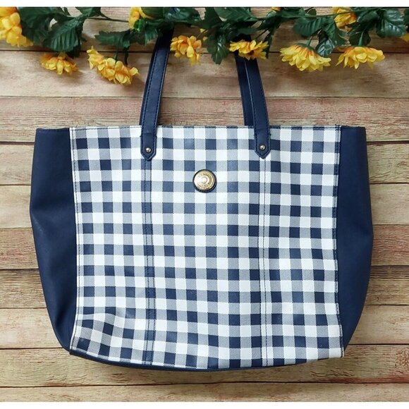 Tommy Hilfiger Navy Blue & White Plaid Large Tote Purse Shopper Shoulder Bag - Picture 1 of 8